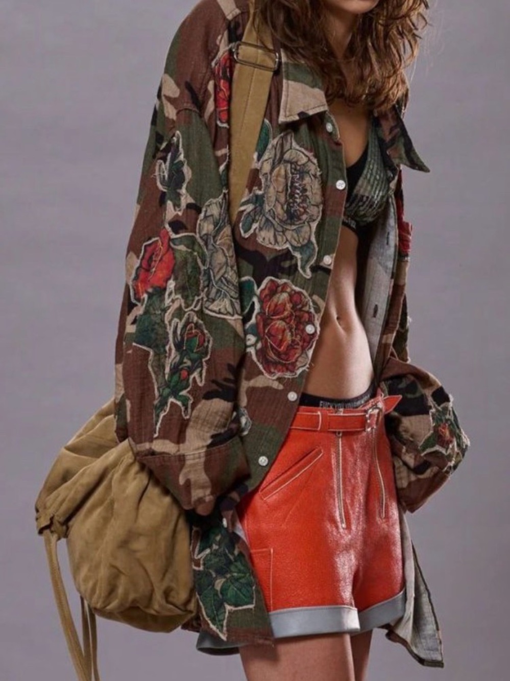 R13 Camouflage-print Embroidered Flower Patch Button-down Boyfriend Shirt, New,L